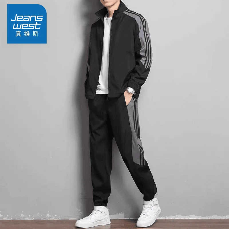 真维斯长袖长裤套装男士2024新款春秋季潮流条纹休闲运动两件套男