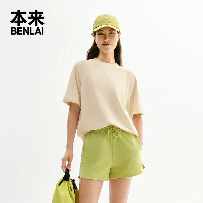 本来BENLAI女士针织圆领短袖t恤新款宽松简约休闲上衣女