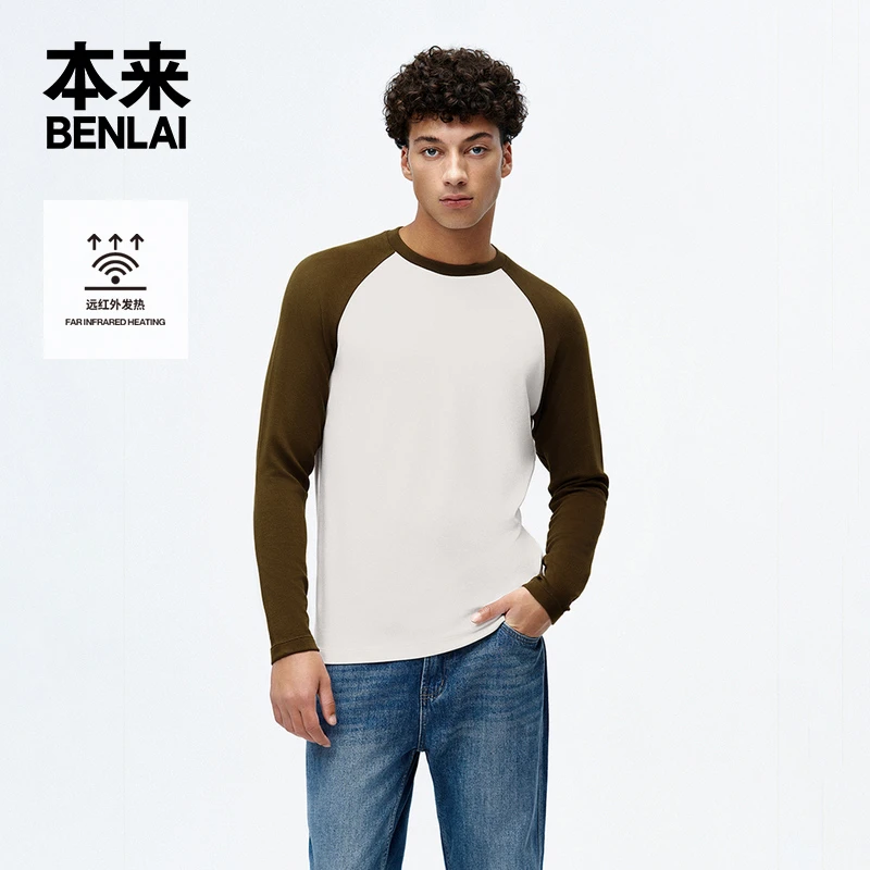 本来BENLAI男士双面绒撞色T恤24秋季发热保暖内搭打底上衣-