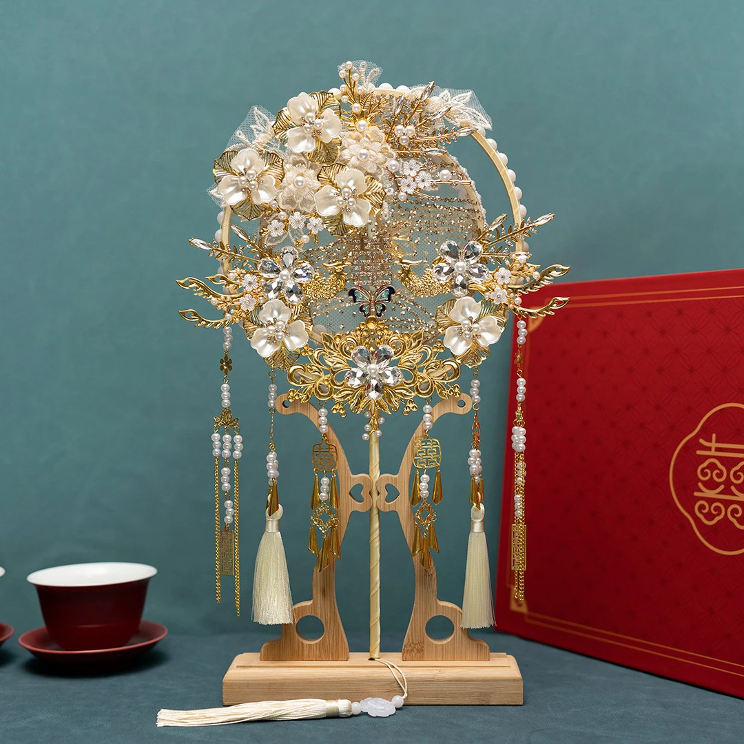 新疆西藏包邮双面长柄新娘团扇中式婚礼秀禾服材料包成品闺蜜