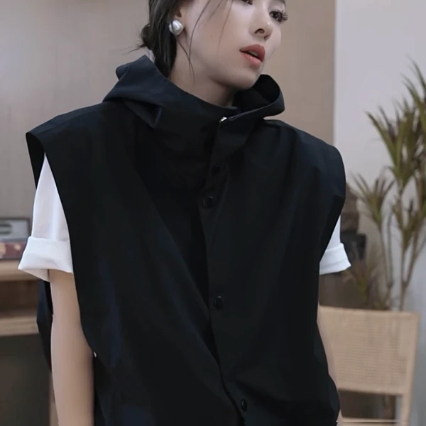 设计感连帽工字型坎肩马甲女款外穿2023年春夏新款宽松休闲上衣