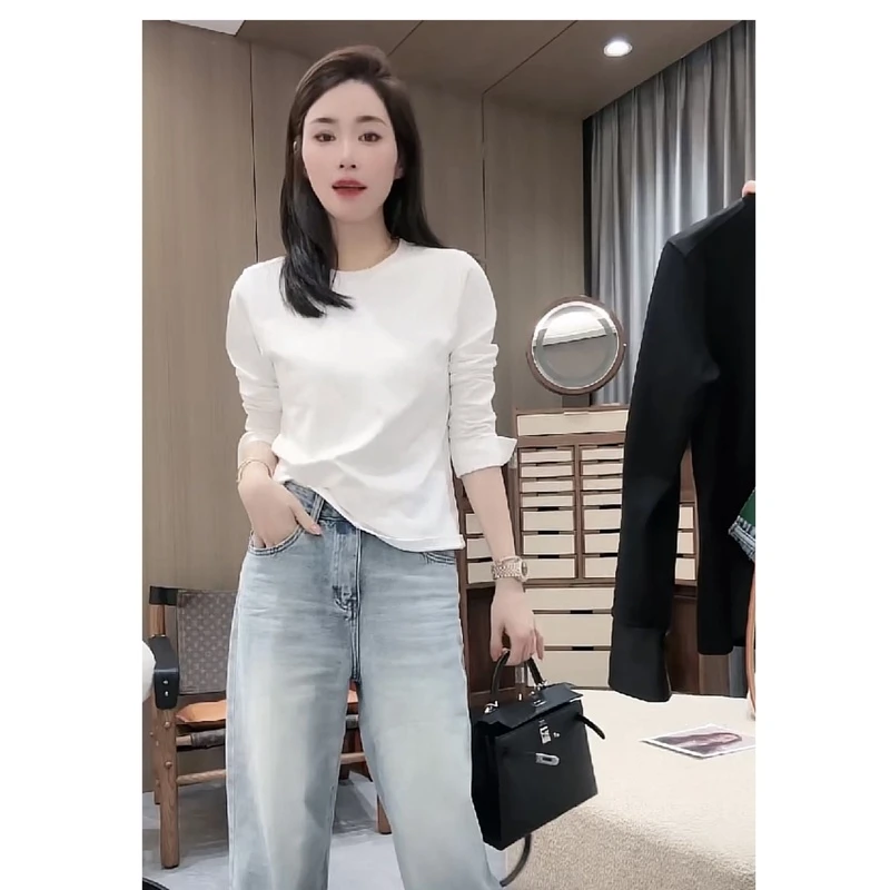 2024早春新款袖子拼接盘扣长袖T恤女宽松显瘦打底衫纯色国风上衣