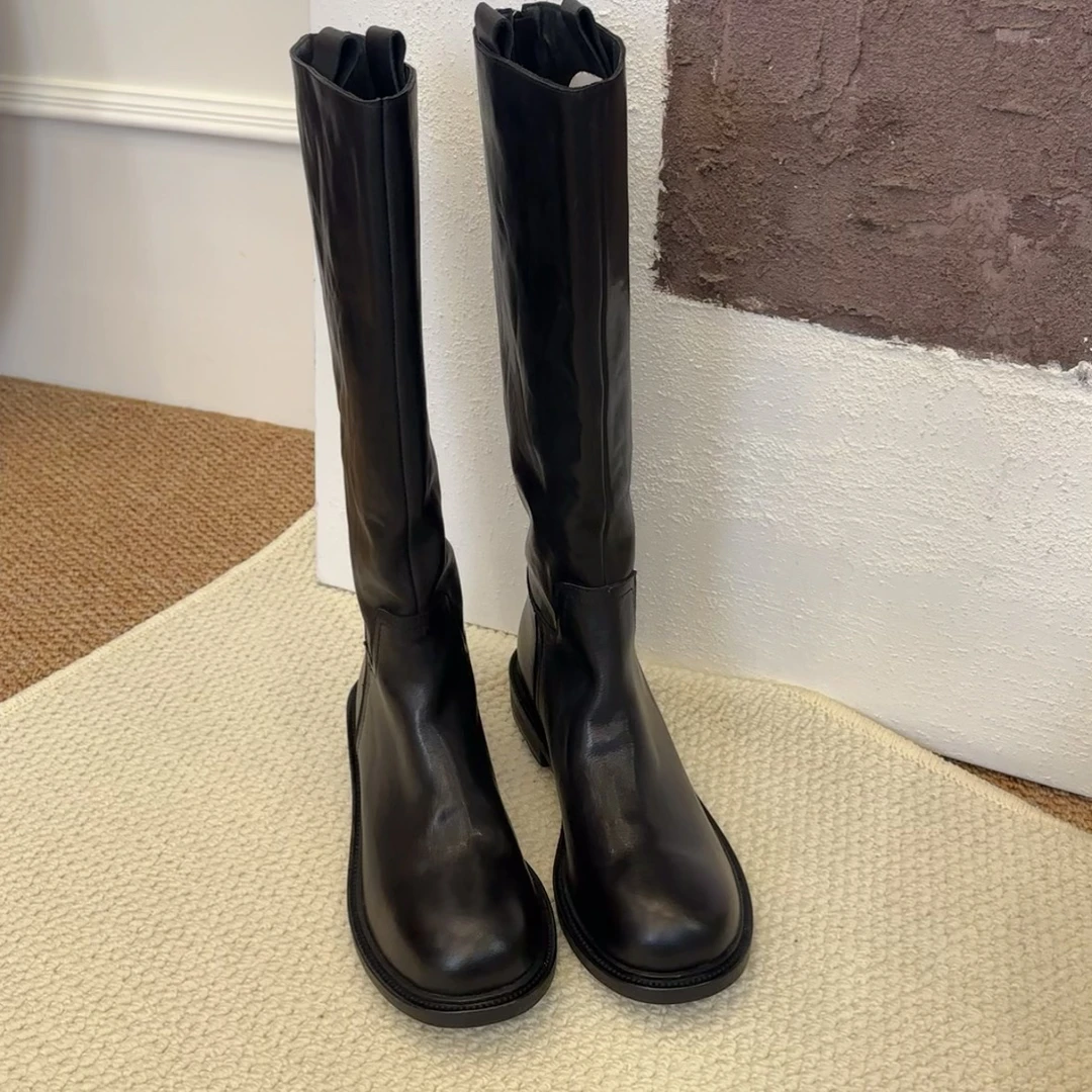 【六呈六】牛皮/3.5CM/极简大牌韩系酷飒显瘦气质骑士长筒靴女