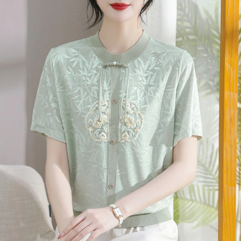 妈妈装时尚中国风冰丝短袖T恤衫中老年夏季薄款复古中式春装夏装