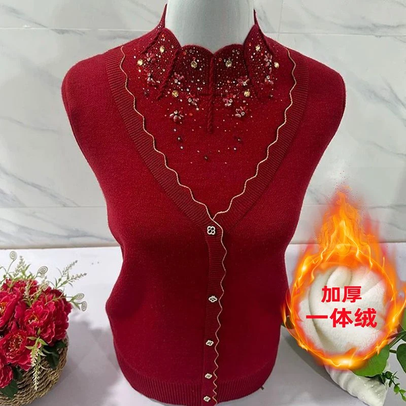 秋冬款妈妈装洋气时尚百搭加绒加厚长袖一体绒女士保暖秋冬季毛衣