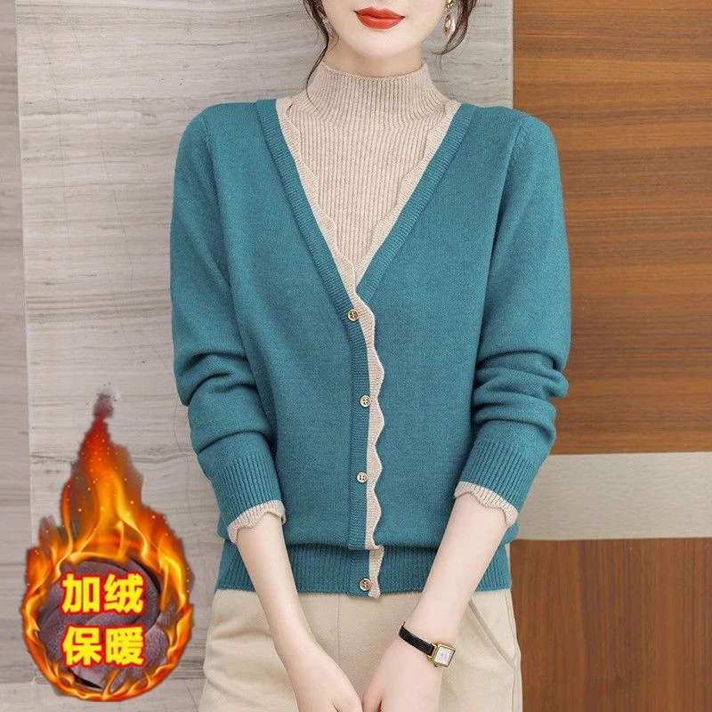 洋气短款时尚百搭女士外穿宽松假两件毛衣加绒加厚保暖秋冬妈妈装