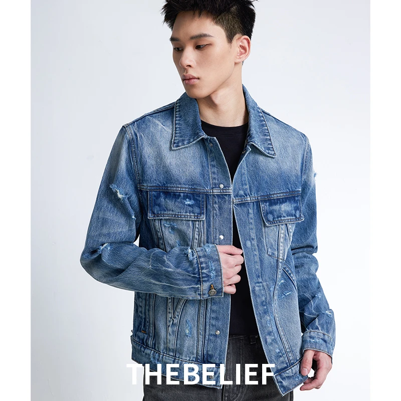 24737#美式复古牛仔外套男重磅水洗做旧宽松休闲百搭夹克牛仔衣