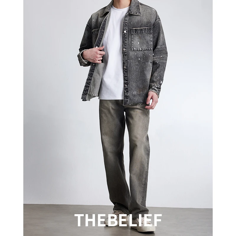 23628#秋季新品美式复古做旧泥染灰色直筒牛仔裤男