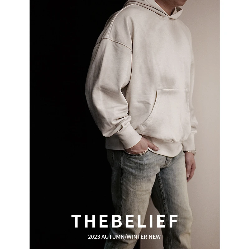 THEBELIEF/L13#做旧不规则马骝水洗重磅430克全棉磨毛连帽卫衣男