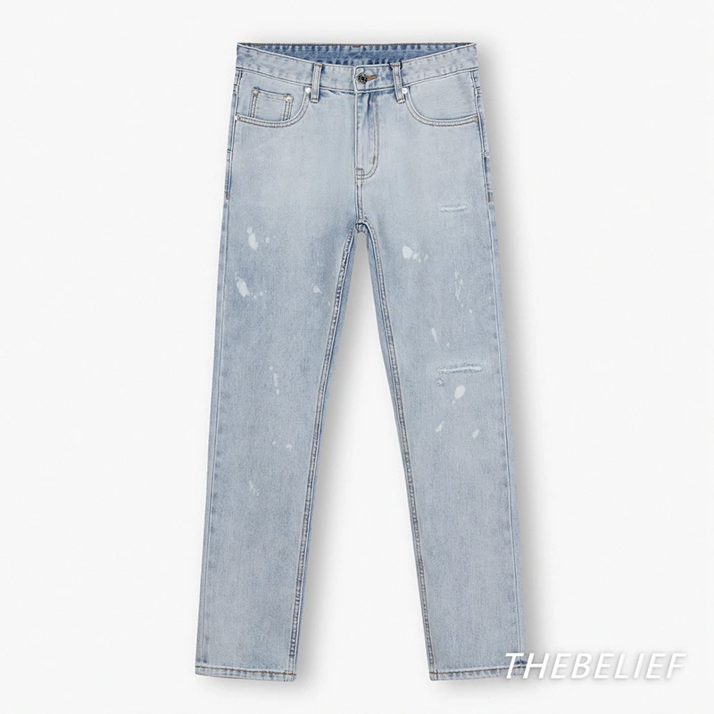 THEBELIEF/23540#夏季冰氧吧磨白浅蓝破洞补丁修身小直筒牛仔裤