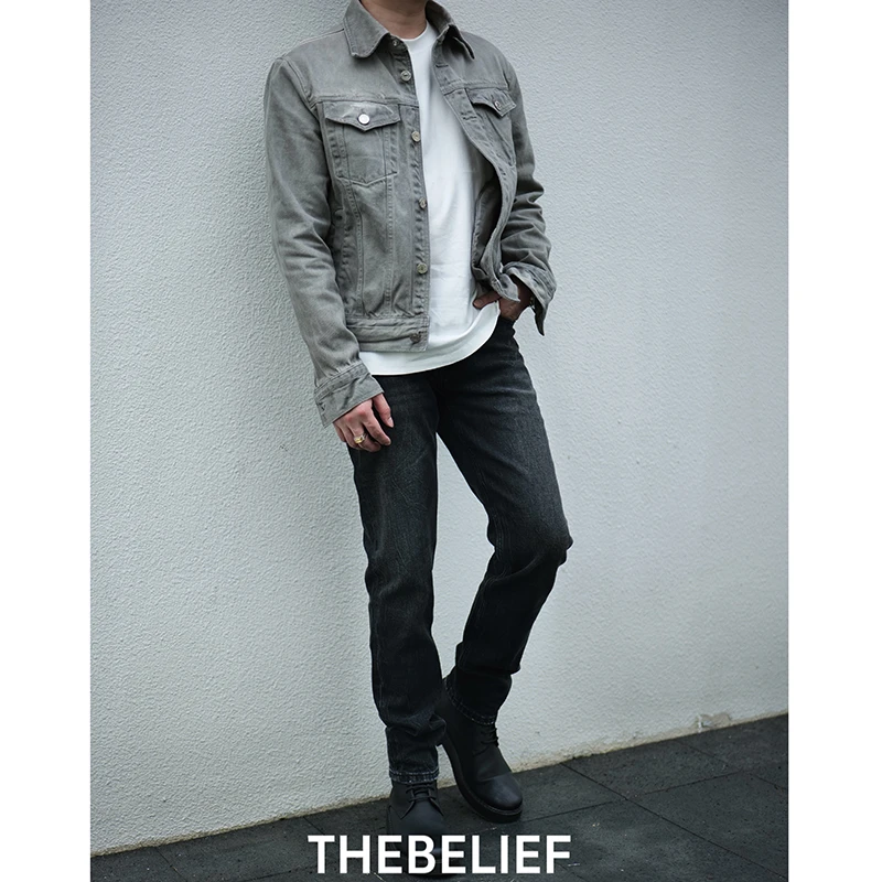 THEBELIEF/23596#澳棉秋冬黑灰色扎花水洗修身小直筒牛仔裤男