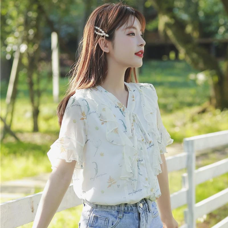 碎花雪纺衬衫女短袖夏装时尚气质度假风设计感小众仙女上衣小衫夏