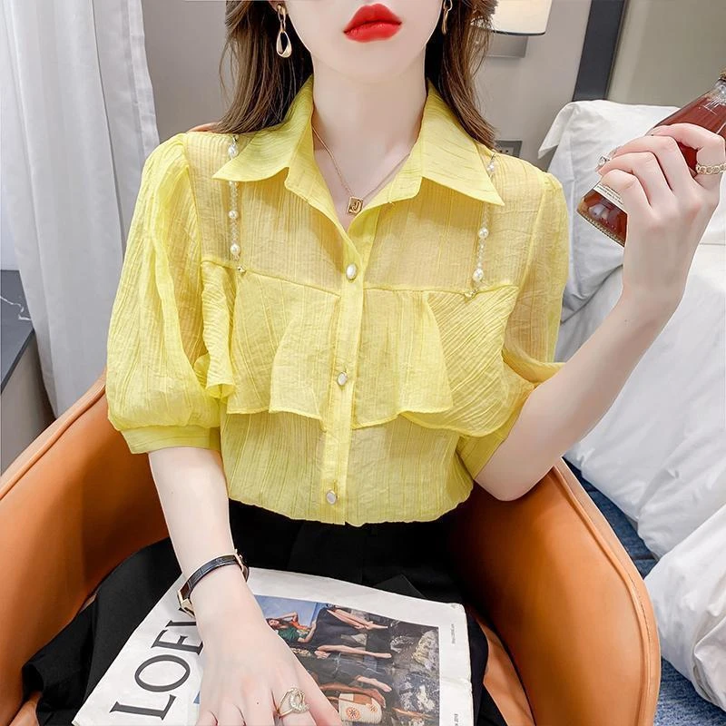 高级感荷叶边白色短袖衬衫女夏季设计感小众法式洋气减龄雪纺上衣