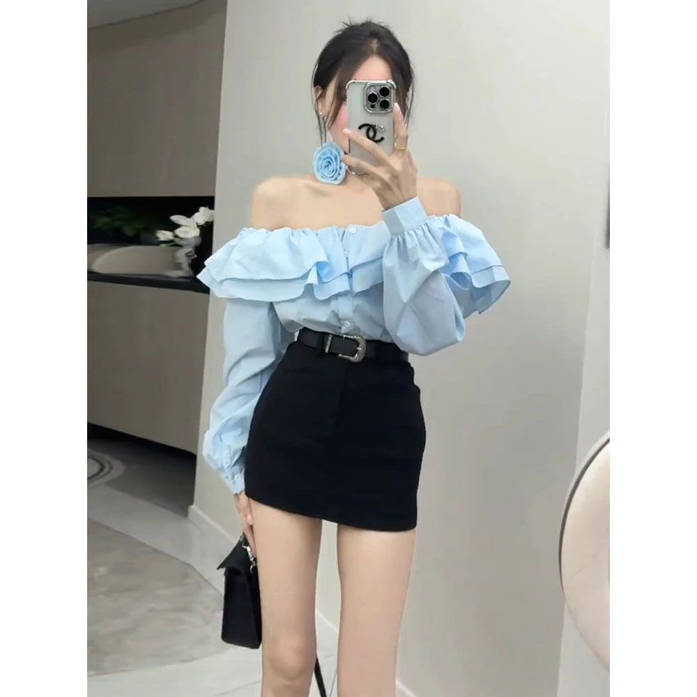 秋季新款辣妹外穿荷叶边一字肩长袖衬衫女高腰包臀半身短裙两件套