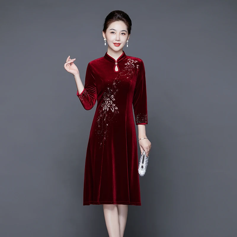 春秋女高贵中老年妈妈装立领丝绒婚宴礼服旗袍喜婆婆修身婚礼喜服