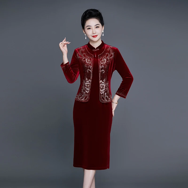 春秋新品喜婆婆高贵办婚礼妈妈装结婚两件套婚礼旗袍婚宴红色礼服