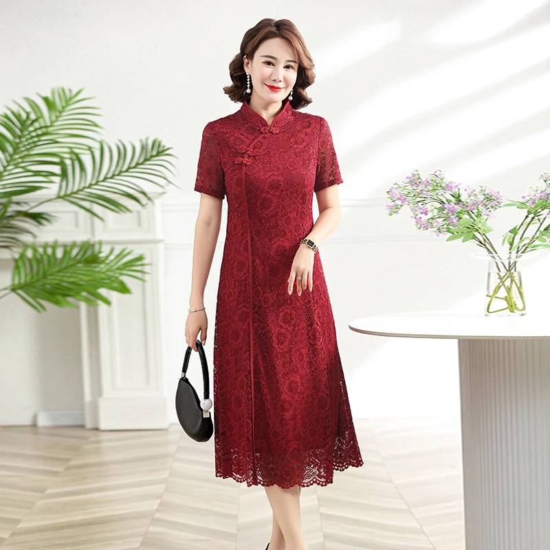 夏女喜婆婆短袖显瘦蕾丝结婚婚宴礼服妈妈装酒红色喜服长款旗袍裙