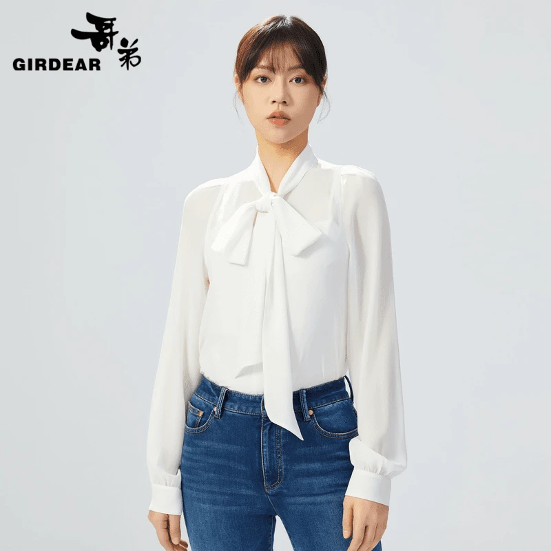 GIRDEAR/哥弟气质飘带质感丝滑轻奢白衬衫长袖时尚衬衫1300690