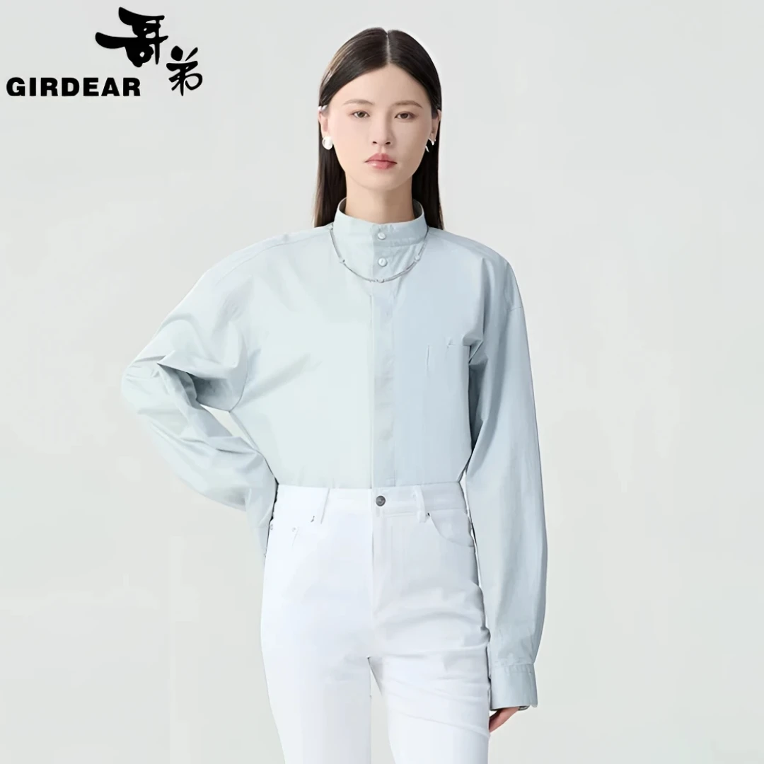 GIRDEAR/哥弟新款洋气时尚秋冬白色新中式立领衬衣衬衫1301055