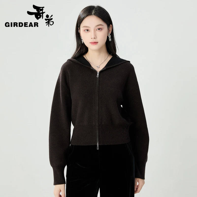 GIRDEAR/哥弟秋冬新款时髦简约纯色百搭拉链高级针织外套1499254