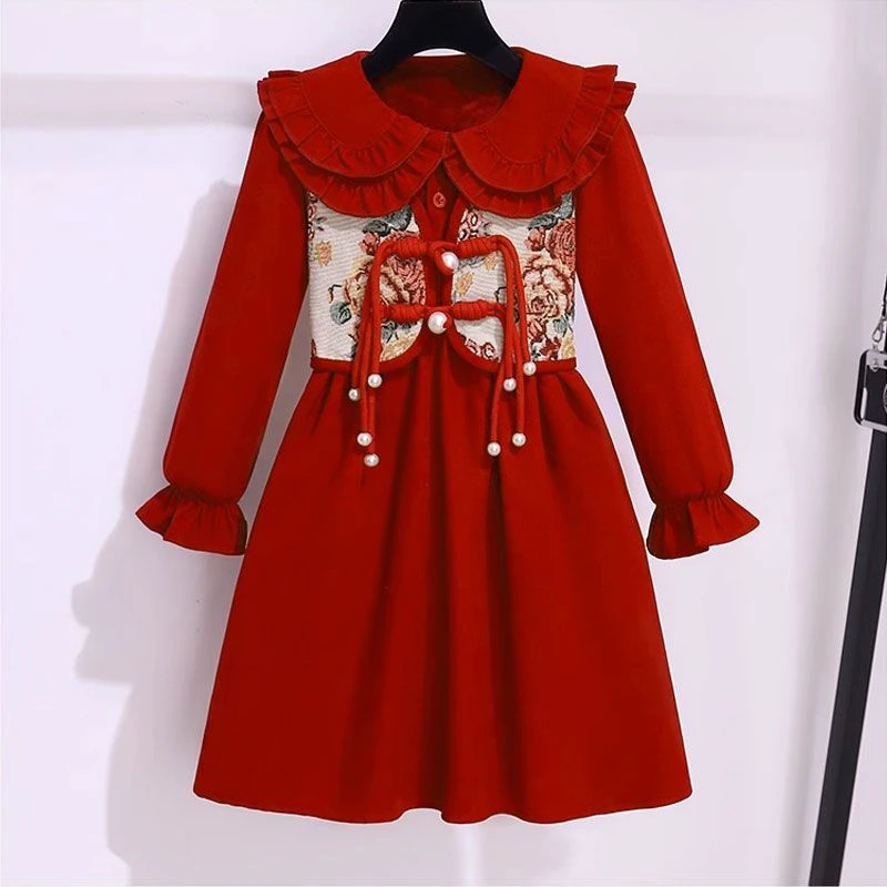 儿童连衣裙女童裙子秋装中大童装中国风拜年服秋冬款国潮加绒加厚