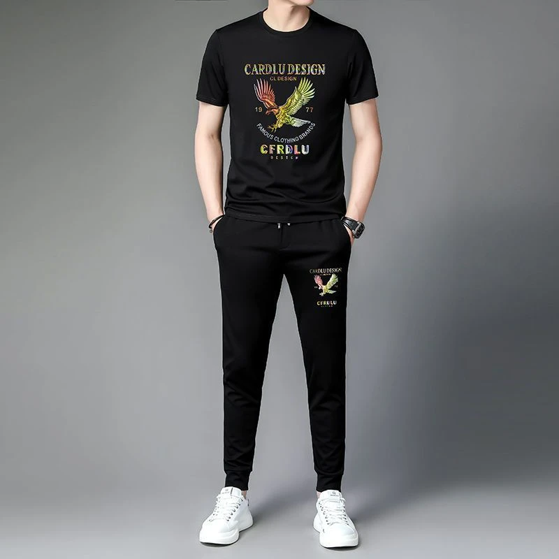 夏季新款男士修身运动休闲服冰丝t恤长裤薄款男装时尚圆领两件套