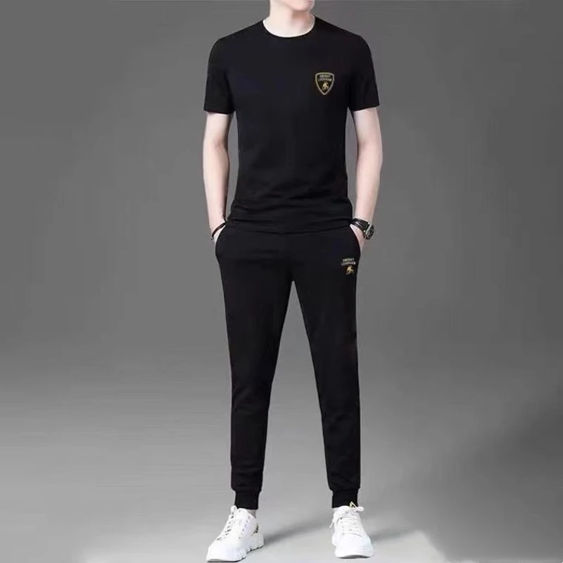 夏季新款男士圆领T休闲运动套装百搭棉修身短袖时尚薄款弹力套装