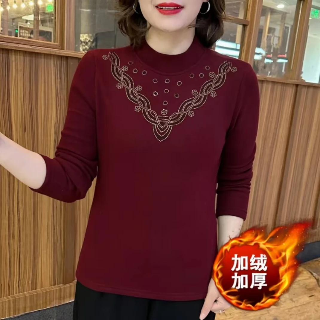 冬季新款加绒加厚时尚洋气V型设计半高领烫钻保暖打底上衣