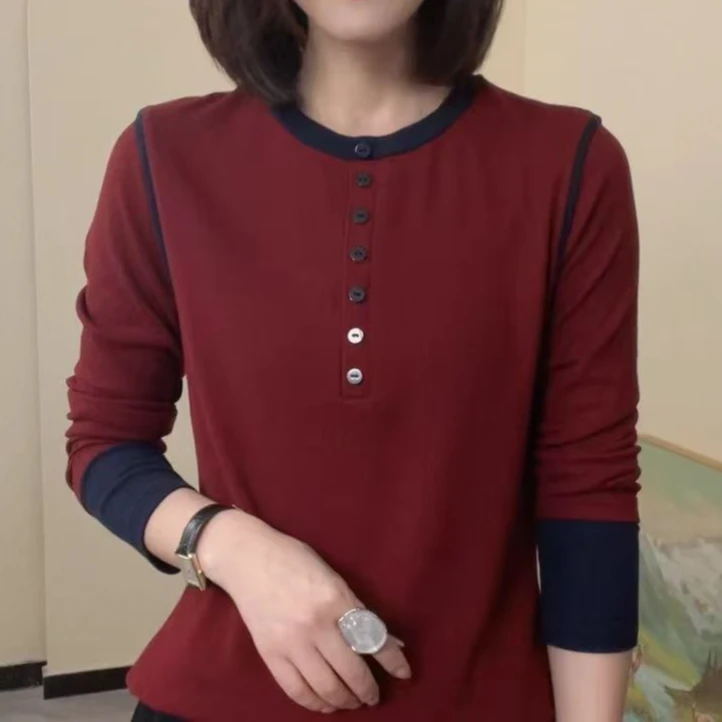 2024秋季圆领6扣长袖T恤撞色设计感时尚女士小衫