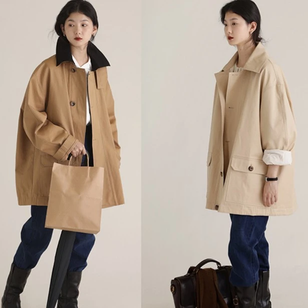 NICE PEOPLE直播专属 复古撞色可拆卸帽子休闲工装短风衣外套