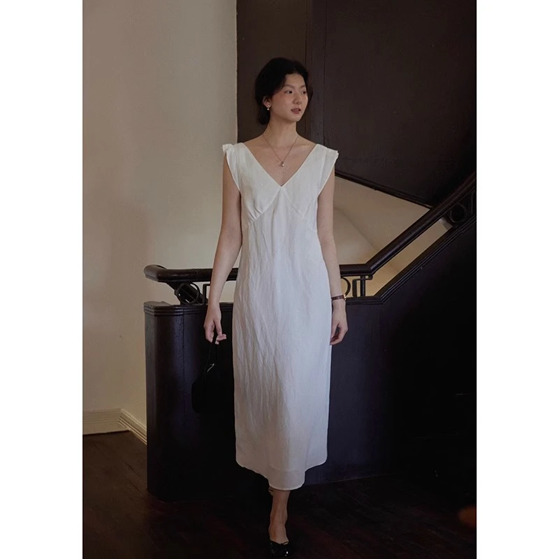 NICE PEOPLE亚麻植物扎染大v领简约气质无袖花边宽松连衣裙