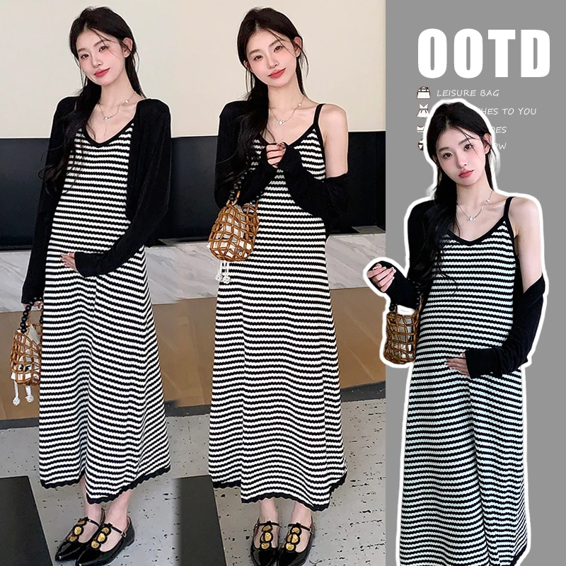 孕妇装夏装2024新品显瘦休闲条纹针织吊带连衣裙+防晒衣孕妇套装