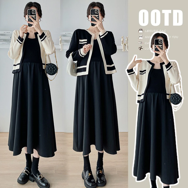 孕妇套装2024秋款孕妇连衣裙小香风气质套装开衫显瘦背心裙两件套