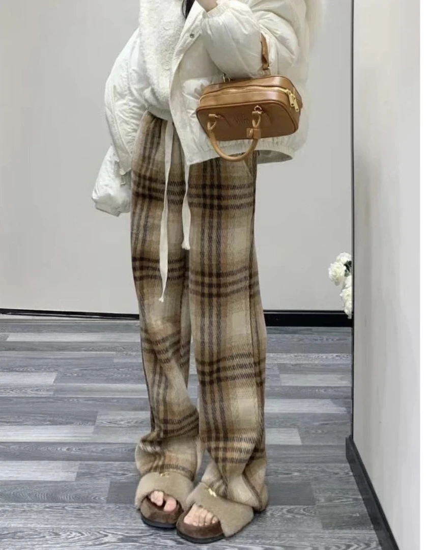 孕妇裤秋冬加绒毛呢格子裤女复古慵懒休闲直筒裤显瘦窄版阔腿裤