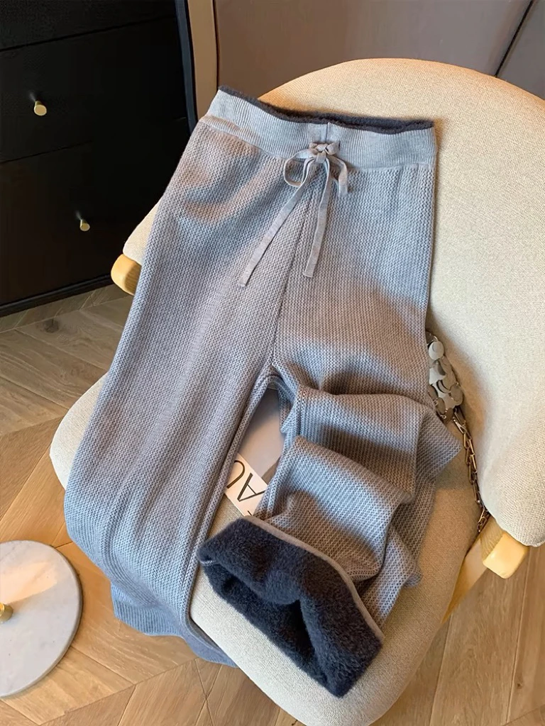 孕妇裤灰色加绒针织阔腿裤女秋冬高腰宽松直筒显瘦加厚抽绳裤子