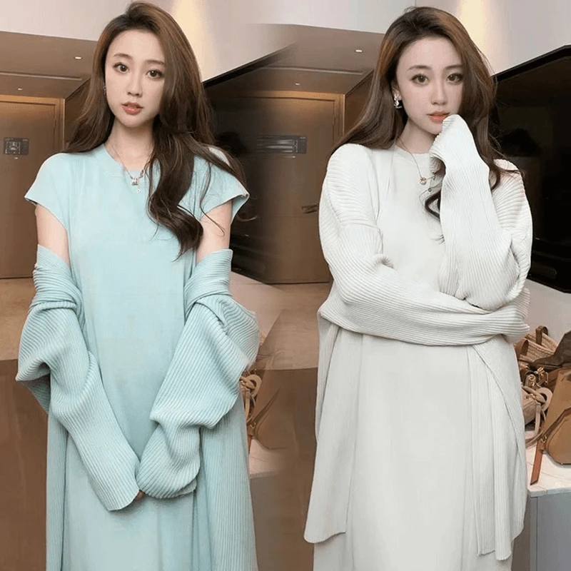 孕妇装秋冬高级感气质名媛长款连衣裙御姐风针织开衫外套两件套潮