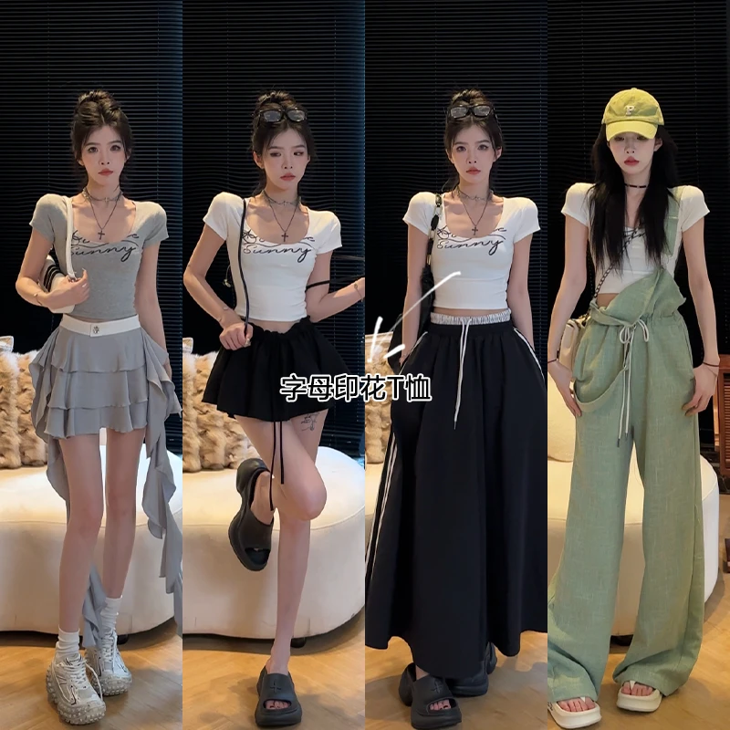 孙妍新款【字脉T恤】设计感U领字母印花辣妹风修身短袖T恤女2024夏