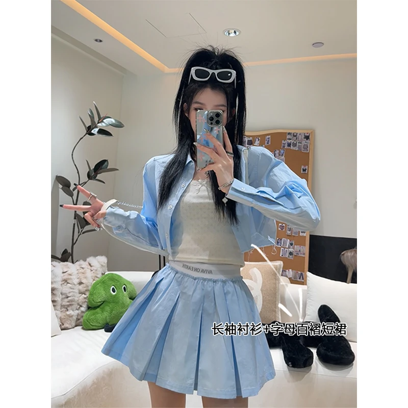 孙妍新款【海盐蓝屿】套装气质翻领长袖衬衫+高腰百褶短裙两件套