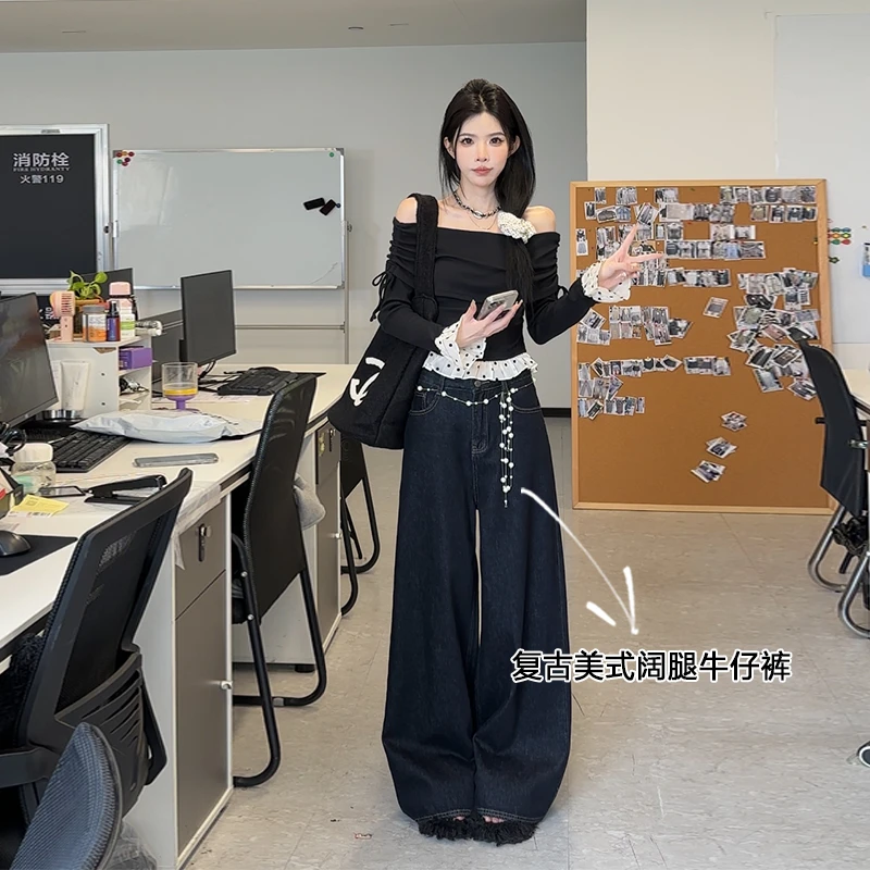 孙妍新款【普兰牛仔裤】休闲复古美式宽松高腰阔腿牛仔裤2024秋款