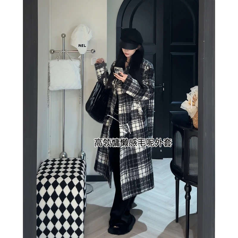 孙妍新款【黑尔格大衣】复古高级感气质翻领夹棉格子大衣女冬款