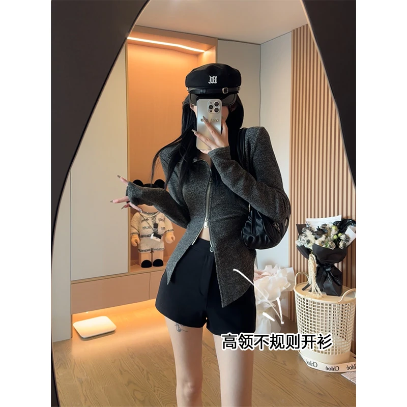 孙妍新款【灰度空间】复古小众不规则设计感斜拉链针织开衫2024新