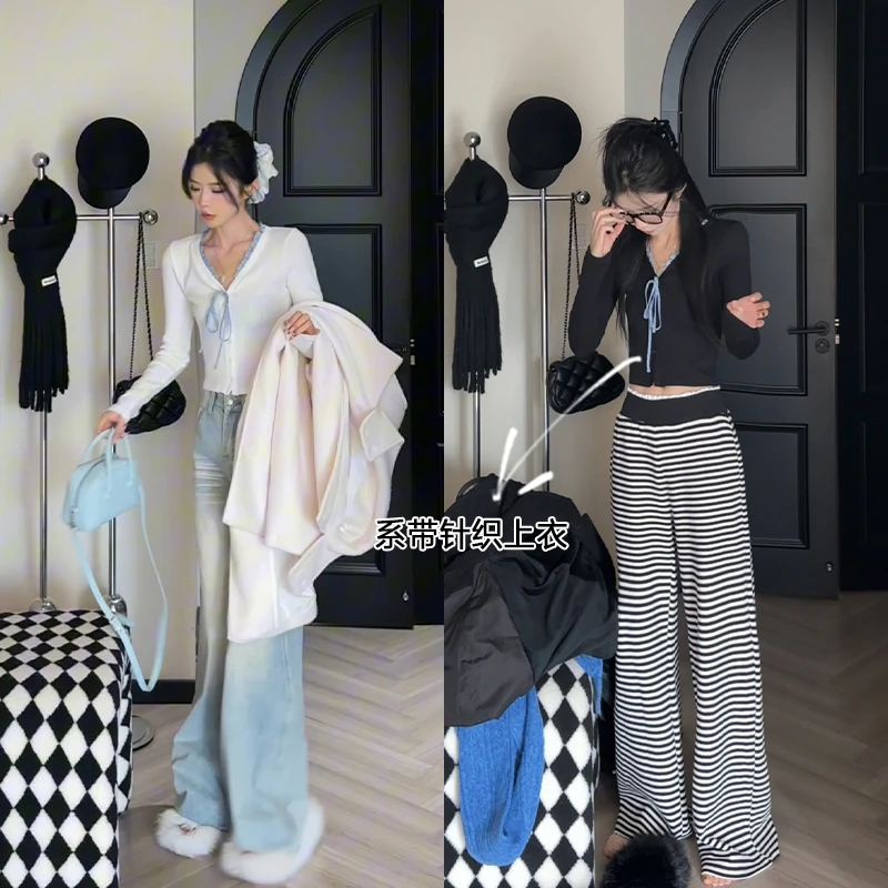 孙妍新款【甜茶嗲精】甜欲风V领木耳边减龄感蝴蝶结系带针织上衣