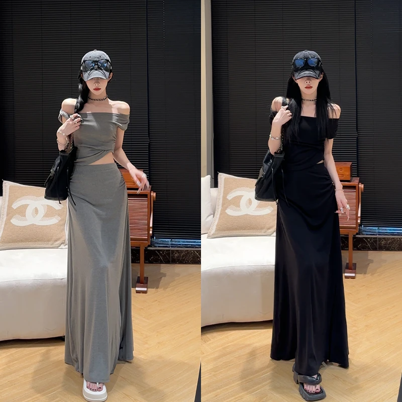 孙妍新款【欲嗲泰妹】纯欲性感不规则设计露肩上衣 长裙套装新款