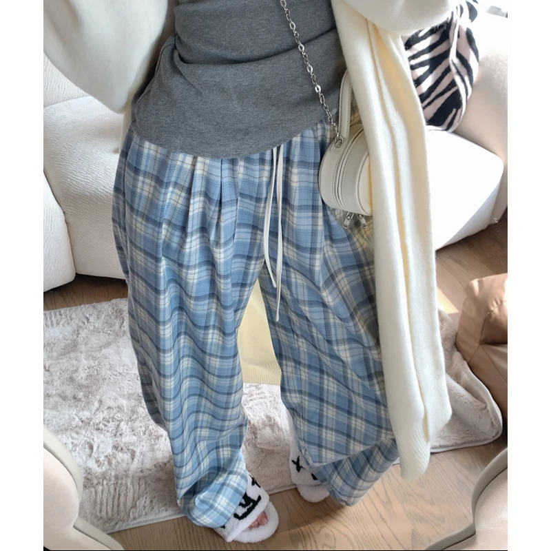 孙妍新款【蓝岛格纹裤】复古拼接抽绳腰头宽松格子阔腿裤2024新款