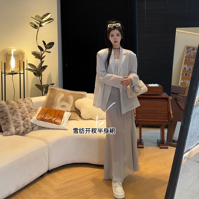 孙妍新款【冷灰半裙】小众设计感抽褶收腰不规则开叉包臀半身裙女