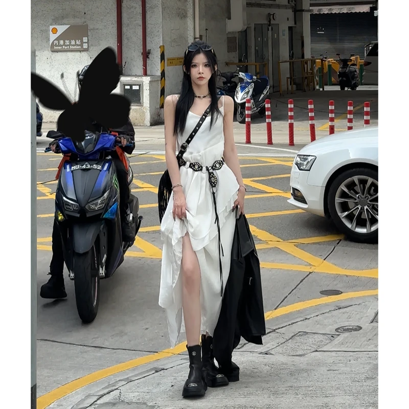 孙妍新款【雾屿连衣裙】法式荡领清冷挂小众设计气质收腰吊带连衣裙