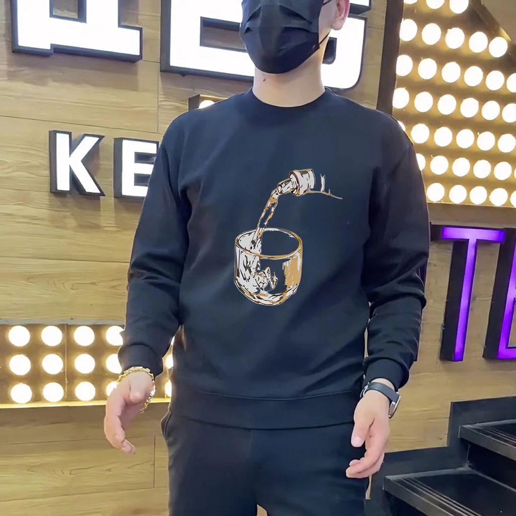 2024新款秋冬卫衣男款爆款潮牌男装宽松倒酒印花百搭圆领长袖上衣