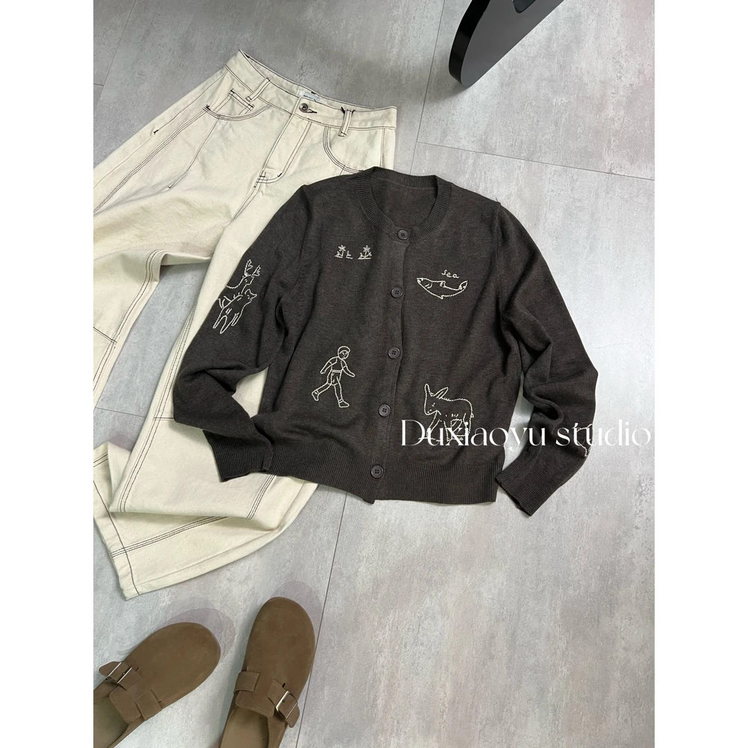 晓宇女装【小鱼开衫】 2024秋款 小众极简风设计师款刺绣小鱼毛衣