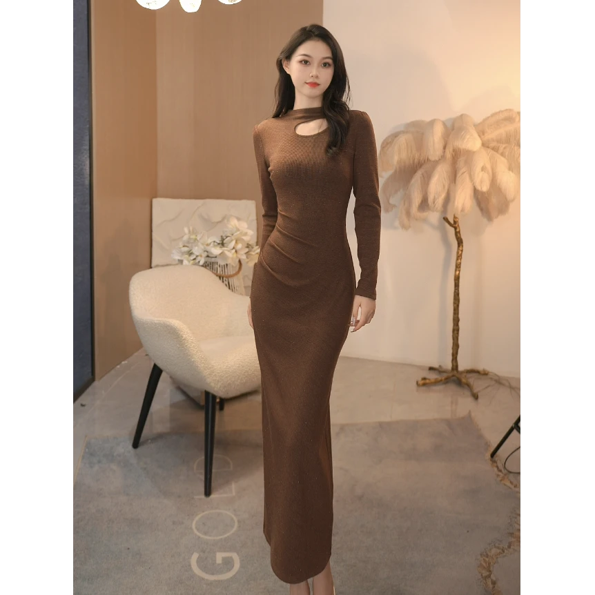 QIQI【金缕】秋冬新款上新高定针织镂空气质显瘦连衣裙L-40322