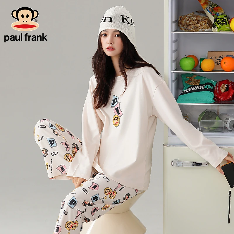 大嘴猴睡衣女带胸垫春秋大码长袖套装宽松卡通圆领女士家居服秋季